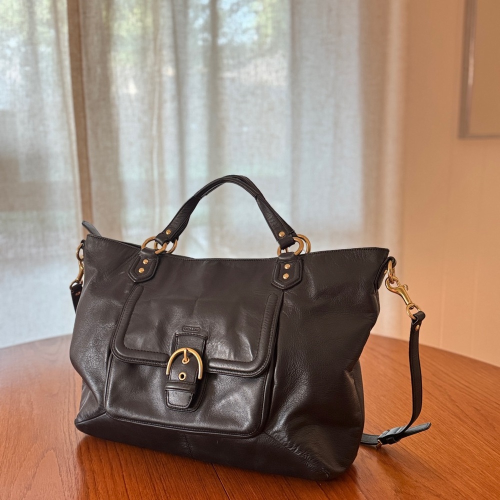 Vintage Coach Campbell Belle black leather tote bag with brass hardware